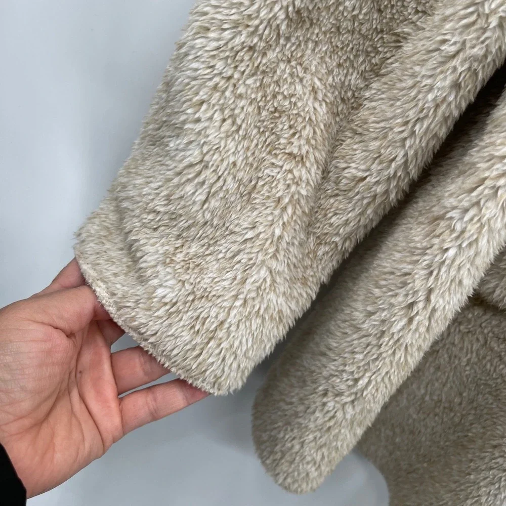 Soft Surroundings Hugs Plush Fleece‎ Shawl Collar Cardigan Sweater Beige Size L